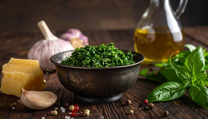 Fresh basil pesto ingredients on rustic wooden table