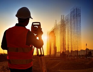 silhouette survey engineer working in a building site over blur