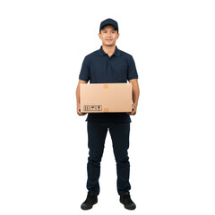 Smiling delivery man in dark blue uniform holds a cardboard box on white or transparent background
