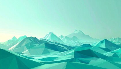 Abstract polygonal terrain in mint green and teal with triangular facets and soft lighting evoking geometric serenity and conceptual depth.