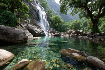 Fototapeta premium Tranquil Waterfall Cascading into a Crystal Clear Pool