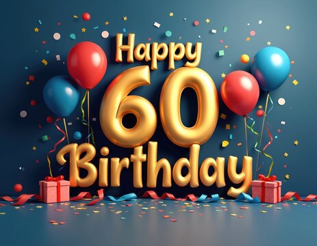 Festive illustration for a 60th birthday celebration. Golden Happy Birthday text with 60 number. Colorful balloons confetti and gift boxes create joyful mood.