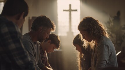 Family gathering in prayer at a church with soft light shining through windows in a peaceful setting