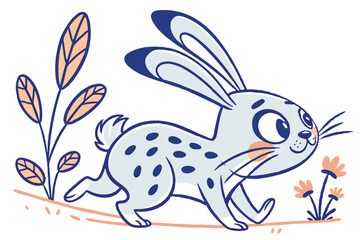 Playful Spotted Rabbit Cartoon, Joyful Run near Flowers, on White Background