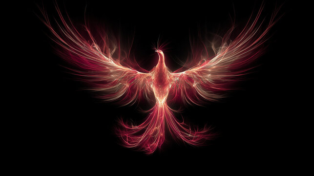 Glowing red phoenix rising from darkness symbolizing rebirth, immortality, and transformation
