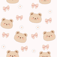 Obraz premium bear head with bow and flower seamless pattern , vector , illustration