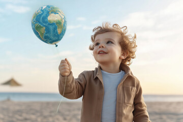 Toddler boy with curly hair standing on a beach, smiling and holding a balloon shaped like planet earth, symbolizing hope and care for the global environment and future generations