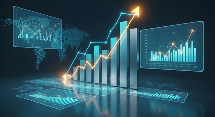 3d bar graph with rising trend line and digital screens showing data and world map