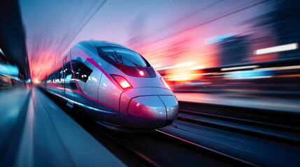 Fototapeta premium A sleek high-speed train races through a brightly lit station with motion blur emphasizing its speed