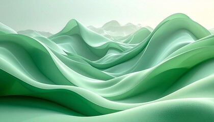 Surreal green abstract landscape with smooth dunes, misty mountain silhouettes, and soft gradients evoking calm, depth, and poetic abstraction.