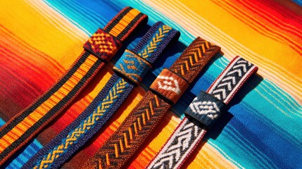 Colorful woven bracelets displayed on a vibrant textile background, showcasing intricate patterns and textures