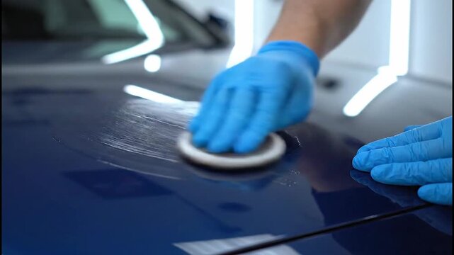 Applying sealant protective coating with professional polishing machine on car paint