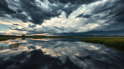Dramatic dark storm clouds reflect in a calm lake creating a serene yet ominous mood over the expansive landscape du the early evening twilight hour.
