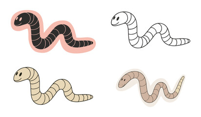 Four cartoon earthworms in different colors and styles on white background illustration drawing