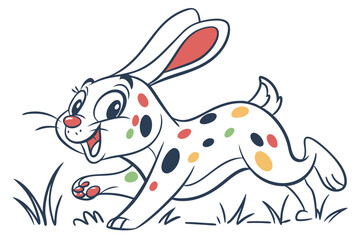 Running Cartoon Bunny Rabbit with Colorful Spots on White Background