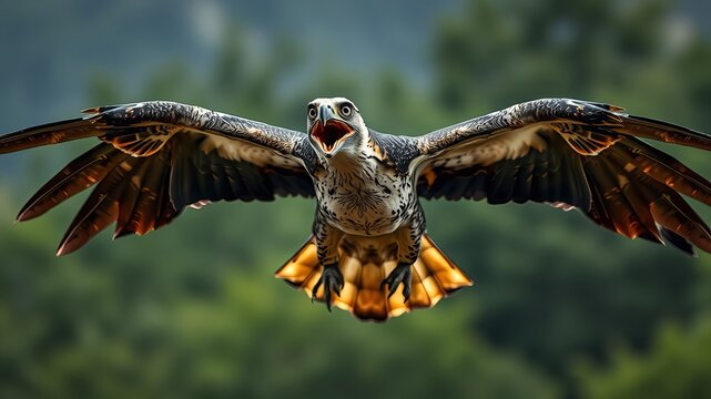 An extremely detailed and captivating close-up shot features a juvenile Philippine eagle soa with its wings fully extended against a blurred green backdrop. - Powered by Adobe