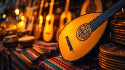 Vibrant display of traditional musical instruments in a colorful market, showcasing craftsmanship and culture