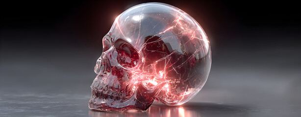 Skull encased in fractured glass orb glowing red inside, spotlight diffusion with metallic reflection, centered geometry