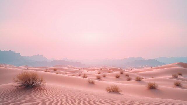 The serene desert landscape at sunset reveals beautiful dunes with soft pastel pink hues and distant mountains disappea into the horizon with a tranquil feeling. - Powered by Adobe