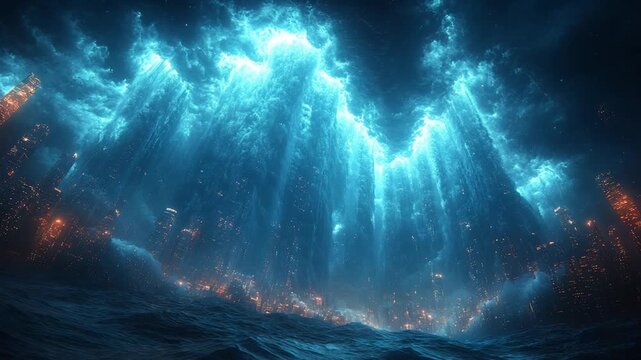 Mysterious Underwater Abyss with Ethereal Light Beams.