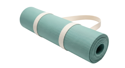 Isolated yoga mat with strap for exercise and fitness workout in studio for wellness routine