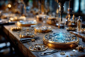 Drill Assembling Intricate Pocket Watch Gears on Workbench