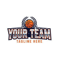 Vector art of a basketball team logo featuring a basketball with a laurel wreath and customizable text fields for team name
