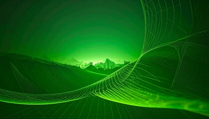 Abstract green digital landscape with glowing mountain silhouette, flowing grid waves, and radial light evoking futuristic terrain.