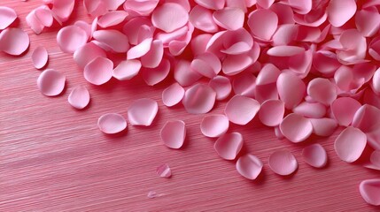 Fototapeta premium Colorful pink petals scattered on a soft pink surface creating a serene and romantic atmosphere for special occasions or decorative purposes