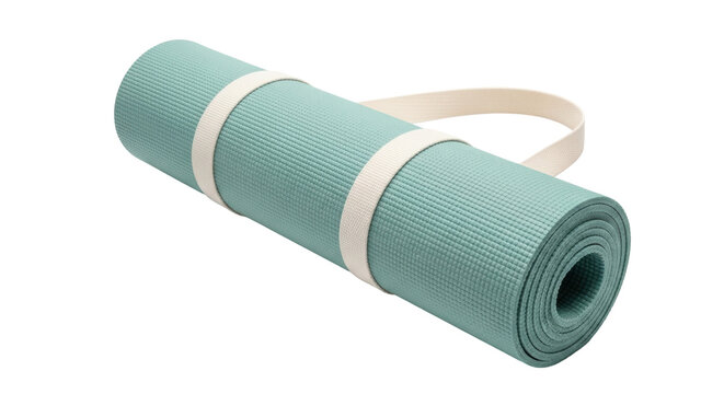 Isolated yoga mat with strap for exercise and fitness workout in studio for wellness routine