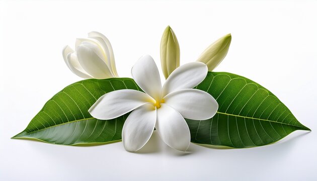 white champaka flowers and green leaves on white background