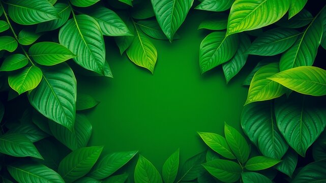 Fototapeta Vibrant green leaves frame a solid green backdrop creating a refreshing natural border perfect for environmental themes and serene botanical designs projects.
