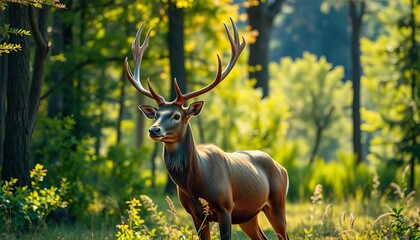 Majestic stag with antlers, standing in sun-dappled forest clearing, scenic, forest animals