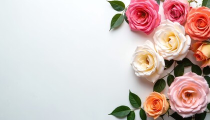Fototapeta premium Colorful roses on white background. Pink, peach, white flowers with green leaves. Bouquet of roses for decoration, gift, celebration. Romantic floral arrangement for valentine, birthday, wedding.