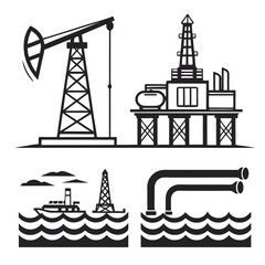 Collection of stylized black and white icons depicting various oil and gas industry elements and operations