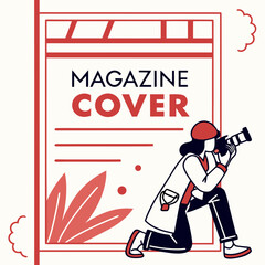 Creative magazine cover design featuring a photographer kneeling and capturing an image with a camera