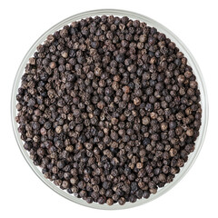 Black pepper corns in glass bowl isolated on white background with clipping path