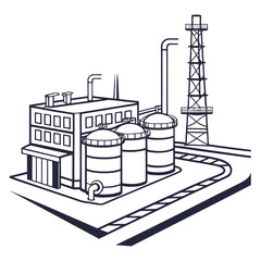 Industrial factory complex with storage tanks and a tall tower depicted in a clean line art style