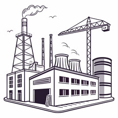 Industrial factory complex with smoking chimneys cooling towers and construction crane under a sky with birds