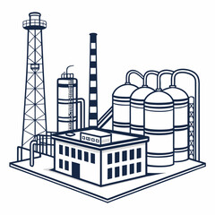 Industrial factory complex with storage tanks a tall smokestack and a drilling rig tower illustration