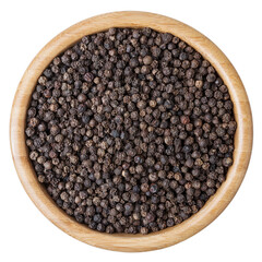 Black pepper corns in wooden bowl isolated on white background with clipping path
