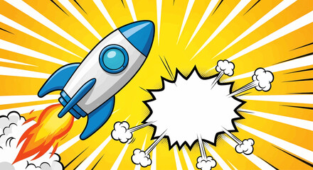 Cartoon rocket launch, comic pop art spaceship explosion
