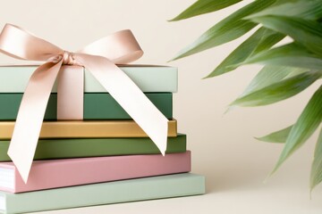 Stacked gift boxes adorned with a ribbon beside a lush green plant against a soft beige background