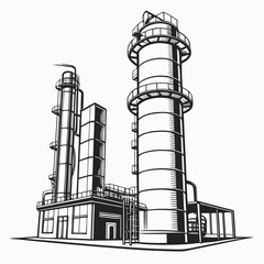 Industrial oil refinery complex with tall distillation towers and processing units in a stark black and white illustration