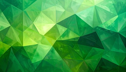 Abstract green polygonal background with faceted triangular shapes, layered depth, and crystalline geometric texture.