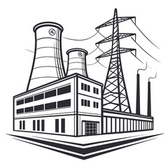 Industrial power plant with cooling towers and electricity transmission tower emitting smoke and steam
