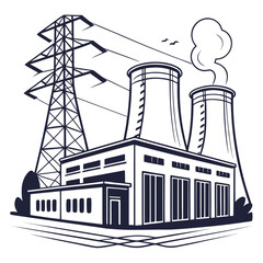 Industrial power plant with cooling towers emitting steam and high voltage electricity transmission tower with power lines