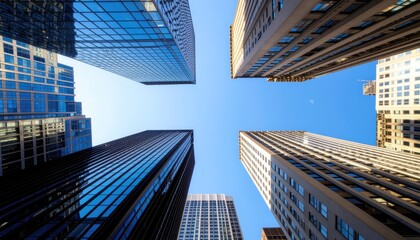 Looking Up At Modern Skyscrapers with Glass Facades and Blue Sky from Below Creating an Urban Architectural Landscape with Geometric Patterns and Contrasting Light