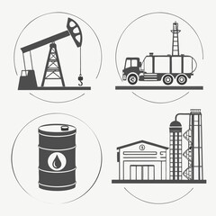 Oil industry icons including a pumpjack oil rig a tanker truck a barrel and a refinery plant