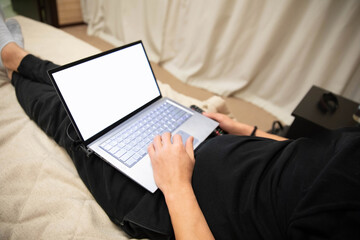 Person Lying With Laptop Mockup Bed
